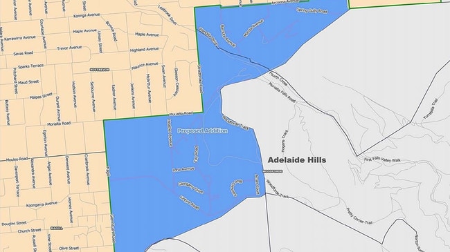 The section in blue is the part Campbelltown Council is proposing to annex from Adelaide Hills Council. Picture: Supplied