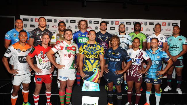 Teams pose in their 2017 Auckland Nines kits. Picture: Brett Costello