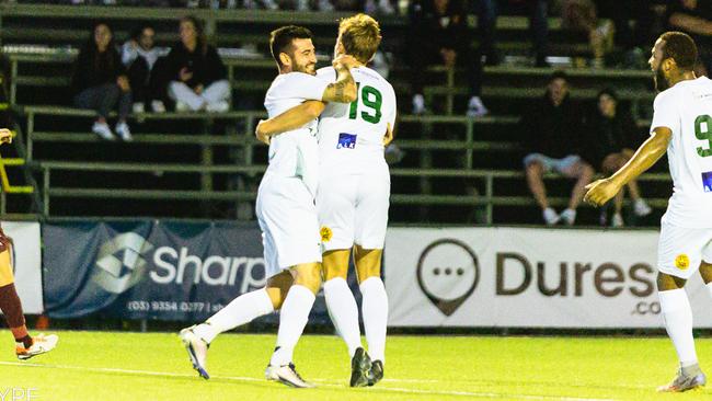 Kieran Dover celebrates a goal for Bentleigh Greens. Picture: Content Hype