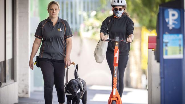 An e scooter passes guide dog trainer Rachael Hackney and Jonty at Hobart. Picture: Chris Kidd