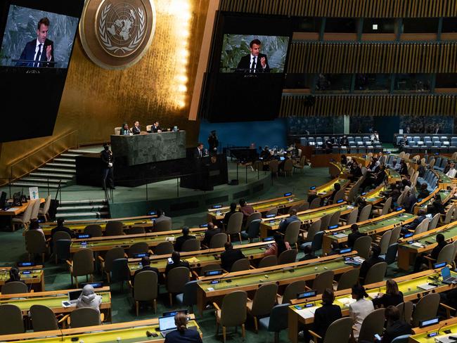 French President Emmanuel Macron addresses the 77th session of the United Nations General Assembly at UN headquarters in New York City on September 20, 2022. Picture: Yuki Iwamura / AFP.