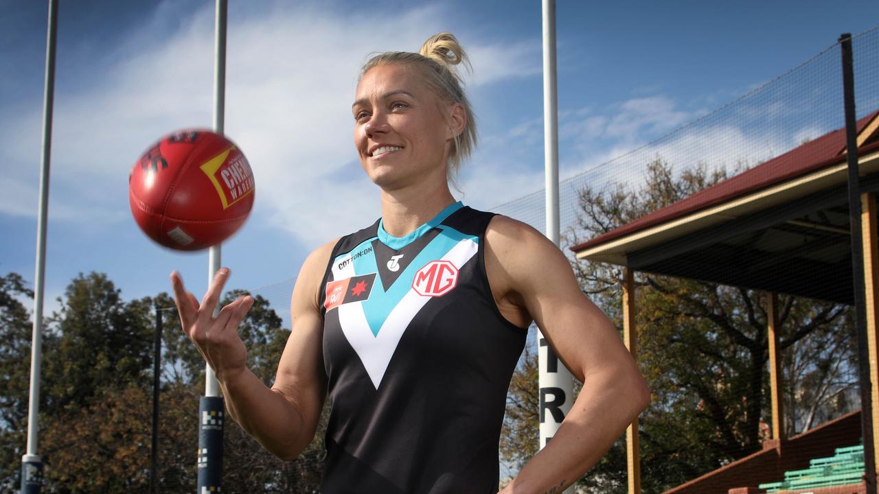 AFLW Showdown Captains Presser – Port Power AFLW Captain, Erin Phillips, ahead of playing for the Showdown Plate on Saturday. August 28 2023. Picture Dean Martin