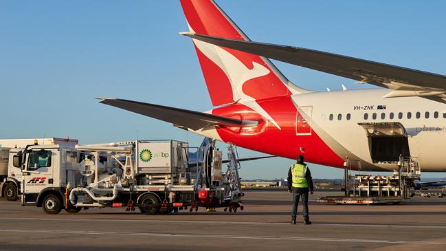 Qantas buys SAF from overseas ports, including Heathrow, to reduce carbon emissions. Picture: Supplied