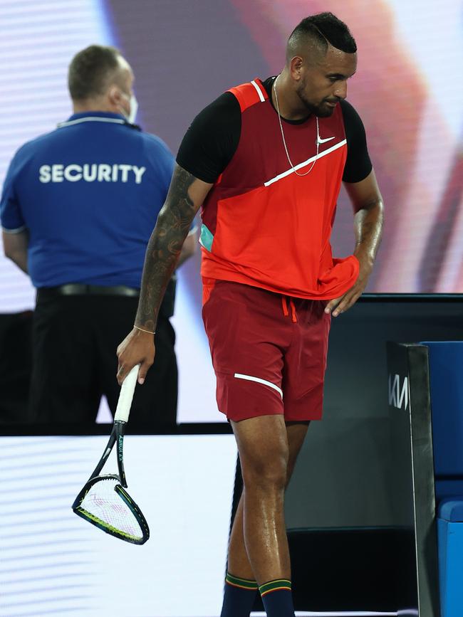 Kyrgios smashed his racquet. Picture: Cameron Spencer/Getty Images