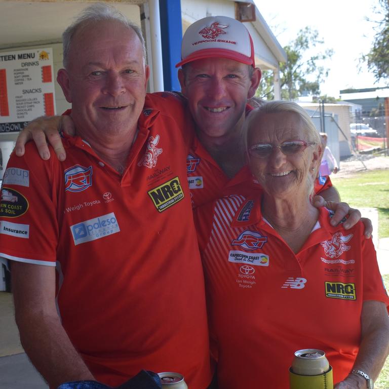 Mark Lauritz, Jack Muller and Debbie Ford at the AFL Capricornia senior grand final day at Stenlake Park, Rockhampton, on August 31, 2024.