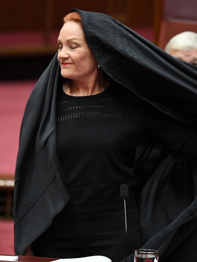 Ms Hanson worse the Islamic traditional outfit as part of her campaign to ban the burqa in Australia. Picture: Lukas Coch/AAP