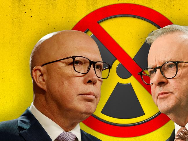 19 June 2024; Peter Dutton and Anthony Albanese in front of the no nuclear sign. Artwork by Emilia Tortorella. Sources: Supplied. Ratio 16:9.