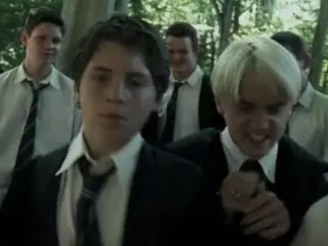 Tom Ackerley (left) getting shoved by Tom Felton in Harry Potter: Prisoner of Azkaban.