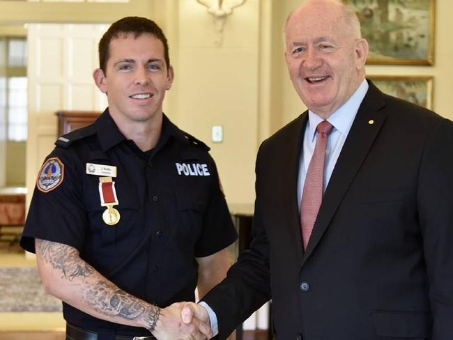 Constable Zach Rolfe receives his bravery award in April from then governor-general Peter Cosgrove.