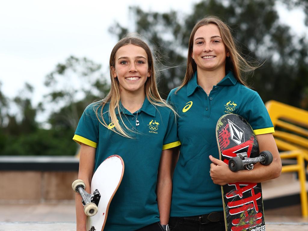 Chloe Covell, 14, and Liv Lovelace, 20, during the Australian 2024 Paris Olympic Games Skateboarding Squad Announcement. Photo: Chris Hyde/Getty Images