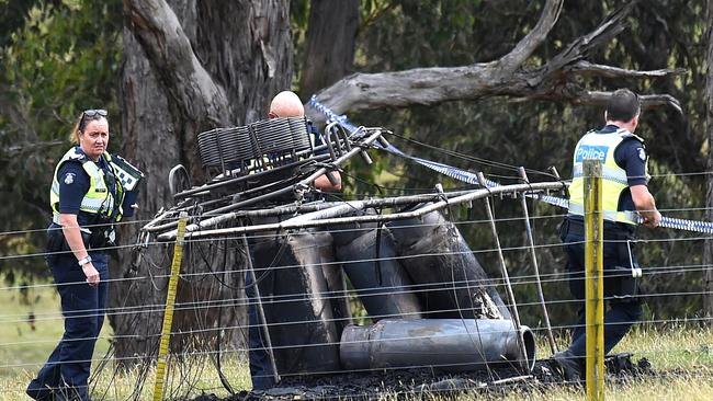 The burnt tanks of a hot-air balloon forced to make an emergency landing. Picture: Nicole Garmston