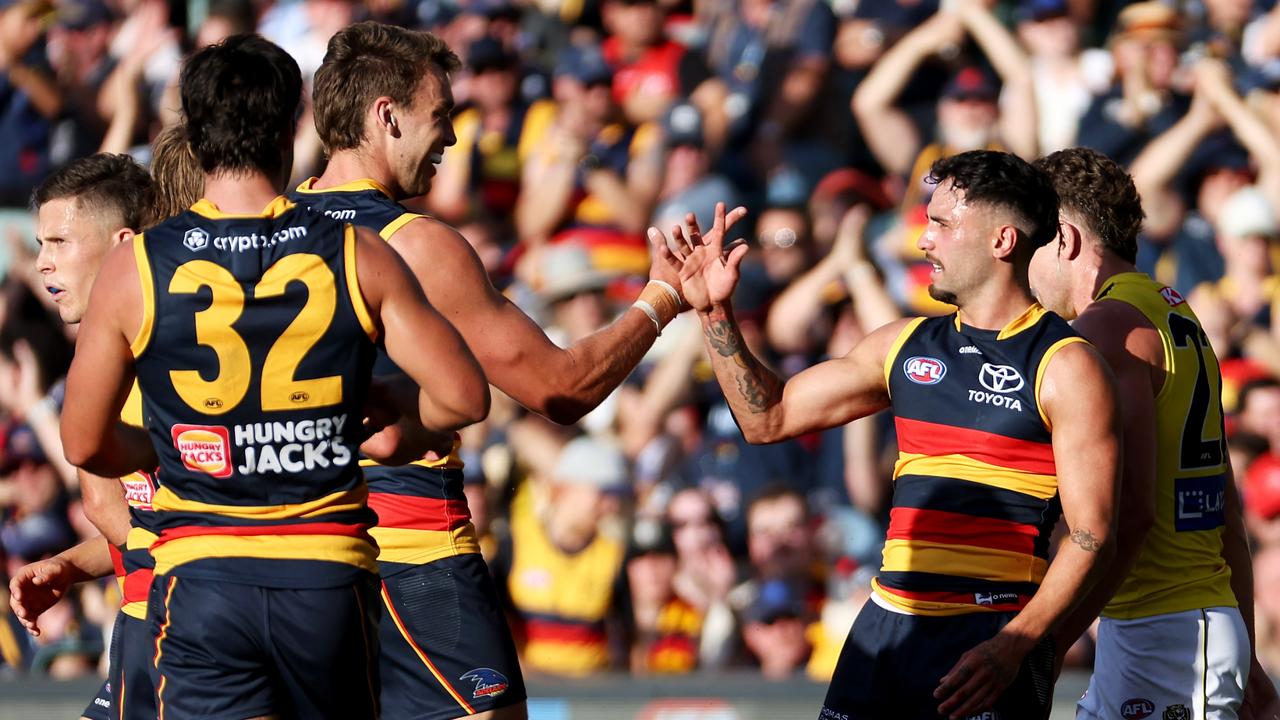 Izak Rankine enjoys a goal, but ultimately the Crows paid the price for being inaccurate.