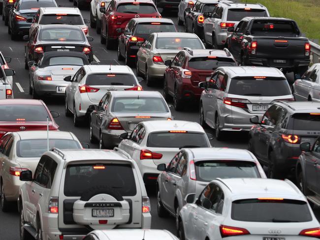 Traffic and workers return to Melbourne CBD after 50% of workers are allowed back to work after the COVID restrictions. Traffic at the end of the Eastern freeway. Monday, January 18, 2020. Picture: David Crosling