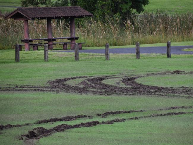 Hoons left deep tyre tracks from a series of doughnuts at Terry West Athletics Field in Barnier Park, Junction Hill on Friday night, 19th March, 2021. Photo Bill North / The Daily Examiner