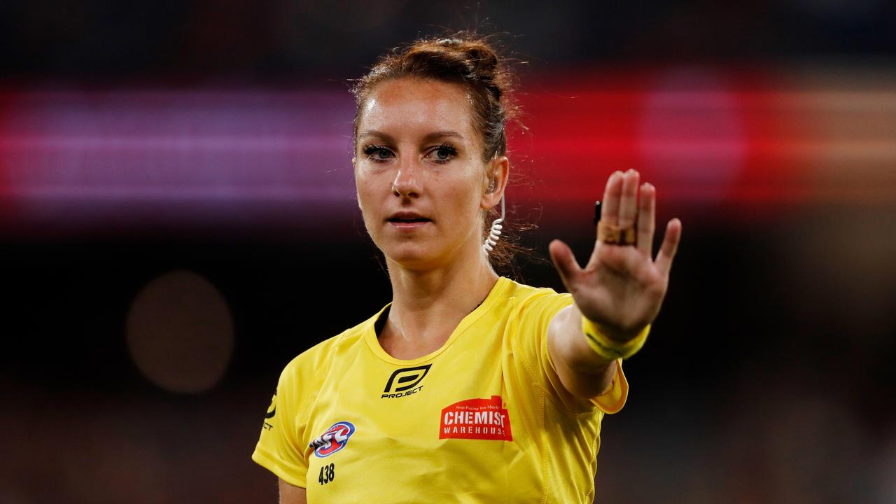 AFL Field Umpire Eleni Glouftsis. Photo by Dylan Burns/AFL Photos via Getty Images.