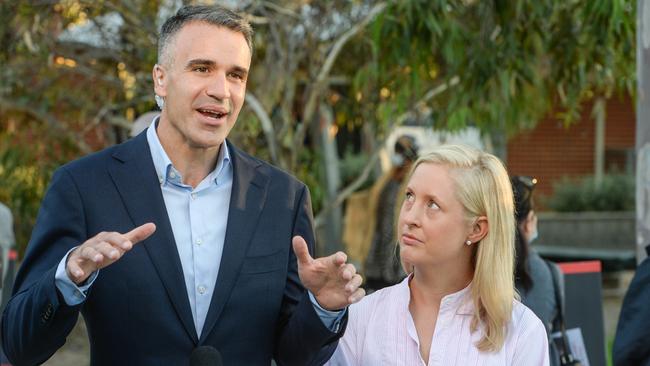 Peter Malinauskas and his wife Annabel West voted at Woodville Gardens School on Saturday. Picture: NCA NewsWire / Brenton Edwards