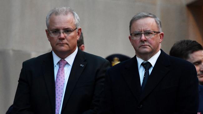 Prime Minister Scott Morrison and Opposition Leader Anthony Albanese during a special Last Post Ceremony at the Australian War Memorial in 2019 in Canberra.