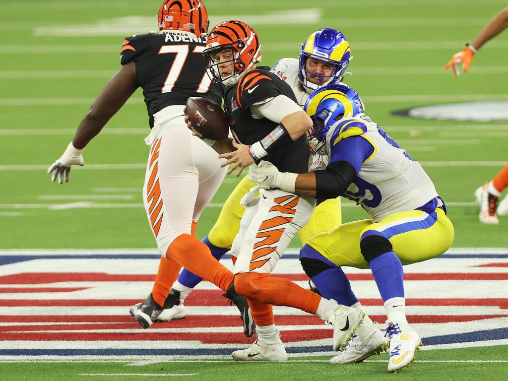 Inglewood, California, USA. 13th Feb, 2022. Los Angeles Rams defensive  tackle Aaron Donald (99) celebrates his game winning sack of Cincinnati  Bengals quarterback Joe Burrow (9) during Super Bowl 56 LVI NFL