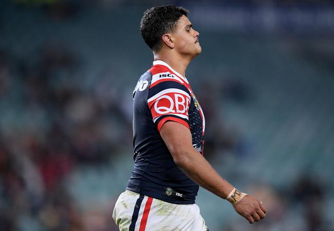 Latrell Mitchell of the Roosters reacts as he is sent to the sin bin.