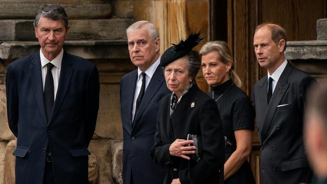 From left, Timothy Laurence, Prince Andrew, Princess Anne, the Countess of Wessex and Prince Edward in Edinburgh on Sunday. Picture: Getty Images