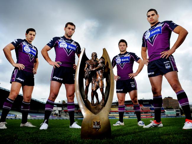 The Melbourne Storm big guns, L-R: Billy Slater, Cameron Smith, Cooper Cronk and Greg Inglis keep there eyes on the prize the 2009 NRL trophy.