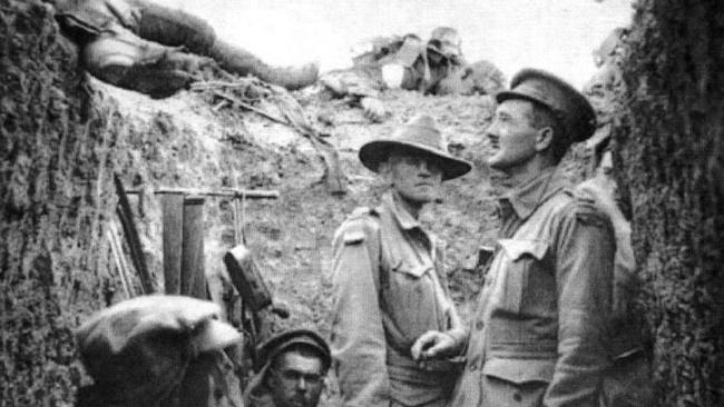 Major Leslie Morshead in the famous Gallipoli image views dead comrades lying on the lip of a captured Turkish trench at Lone Pine. Picture: Phillip Schuler, courtesy Australian National War Memorial