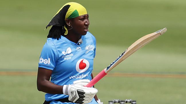 Stafanie Taylor acknowledges the crowd after reaching her half century. Picture: Mark Metcalfe/Getty Images