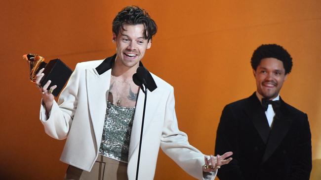 Harry Styles accepts the album of the year Grammy. Picture: AFP