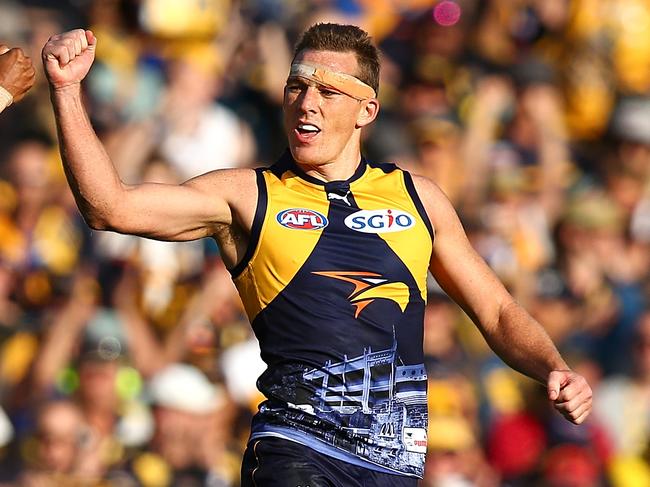 PERTH, AUSTRALIA - AUGUST 27: Drew Petrie of the Eagles celebrates a goal during the round 23 AFL match between the West Coast Eagles and the Adelaide Crows at Domain Stadium on August 27, 2017 in Perth, Australia.  (Photo by Paul Kane/Getty Images)