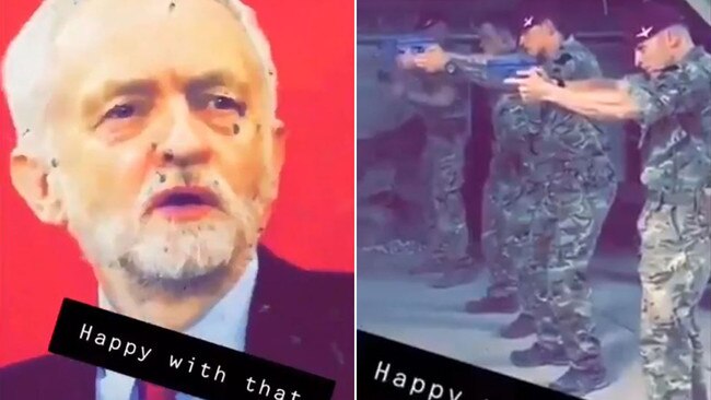 Stills from video footage showing soldiers using a poster of Jeremy Corbyn for target practice