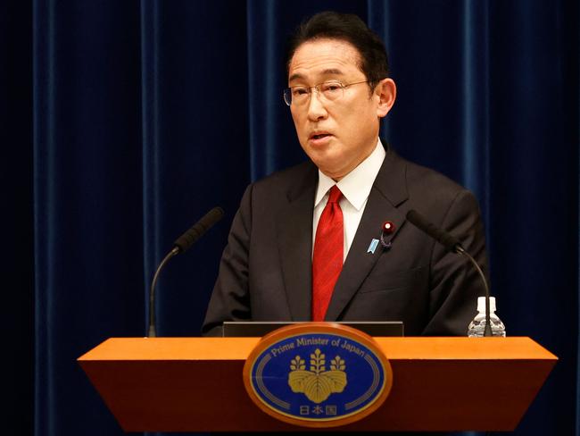 Japan's Prime Minister Fumio Kishida speaks during a press conference in Tokyo on April 8, 2022. (Photo by Rodrigo Reyes Marin / POOL / AFP)