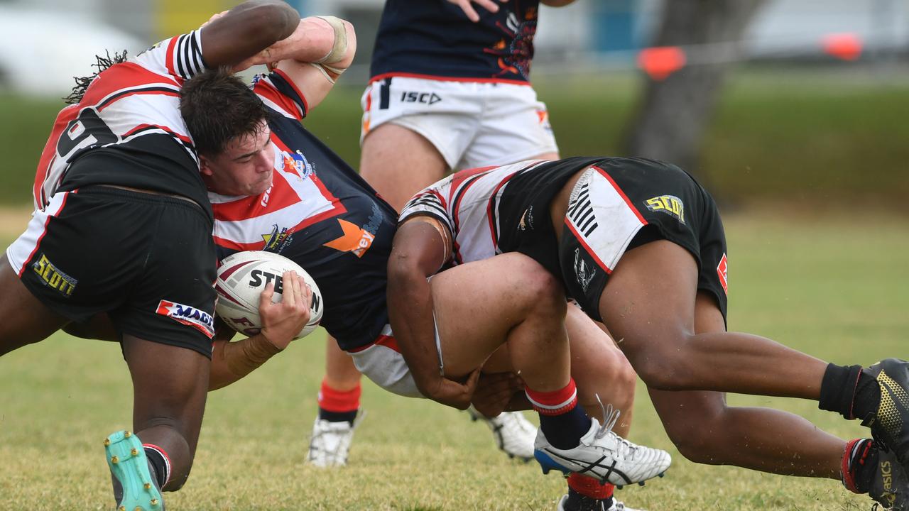 Aaron Payne Cup clash between Kirwan High Bears and St Patrick's College at Kirwan. Bears Tajshon Santos-Messa and Xavier Chatfield tackle St Patrick's Ethan Cocco. Picture: Evan Morgan