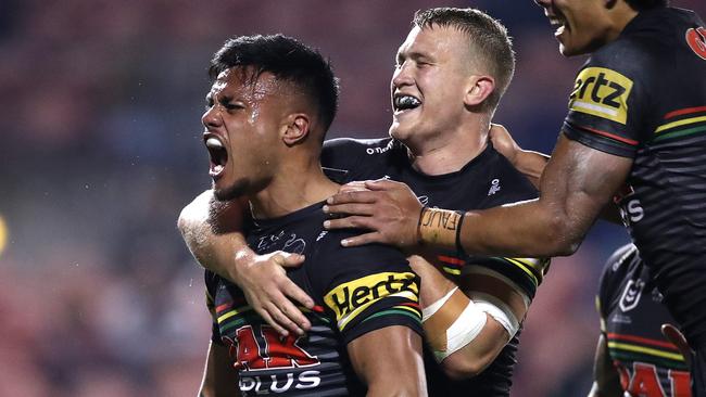 Penrith's Spencer Leniu celebrates but given no try for double movement during NRL match between the Penrith Panthers and Wests Tigers at Penrith Stadium. Picture. Phil Hillyard