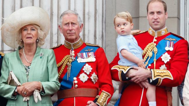 Camilla, Duchess of Cornwall, Prince Charles, Prince of Wales, Prince William, Duke of Cambridge and Prince George of Cambridge stand on the balcony of Buckingham Palace during Trooping the Colour in 2015. Picture: Getty Images.