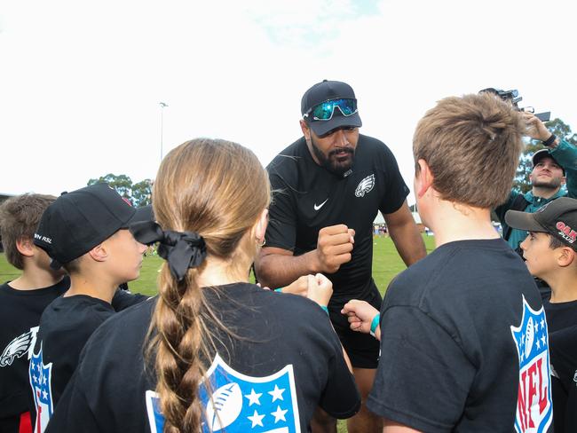 Jordan Mailata interacts with the kids during an NFL Clinic at his home suburb of Bankstown in Sydney. Picture: Gaye Gerard