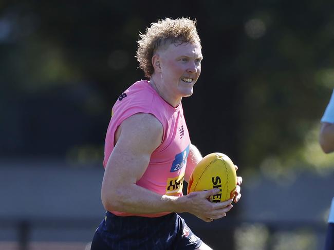 MELBOURNE , AUSTRALIA.February 12 , 2024.  Melbourne AFL football training at Goschs Paddock.   Clayton Oliver of the Demons during todays session  . Pic: Michael Klein