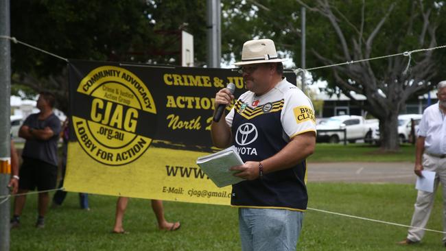 Aaron McLeod leads the Crime and Justice Action Group's rally against youth crime in Mareeba. Picture: Mattea Kearney