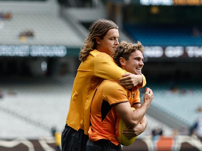 Jack Ginnivan and Nick Watson ahead of the Hawks’ Easter Monday clash at the MCG. Picture: Dylan Burns/AFL Photos via Getty Images.