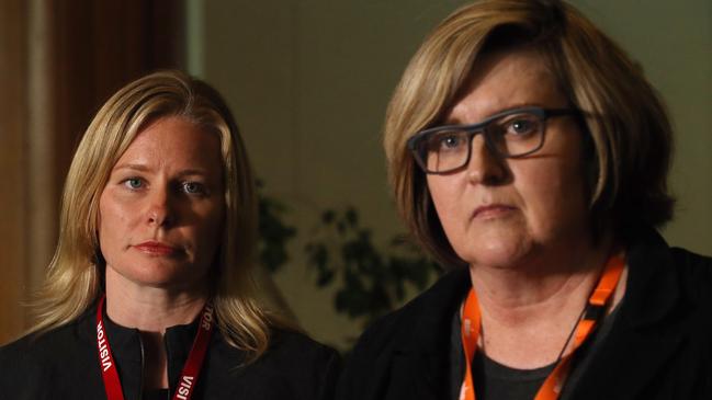 Women’s Legal Services Queensland chief executive Angela Lynch (right). She is pictured with Michelle Dorendahl, the mother of Eeva, who was murdered by her father during a court-approved access period. Picture: Gary Ramage.