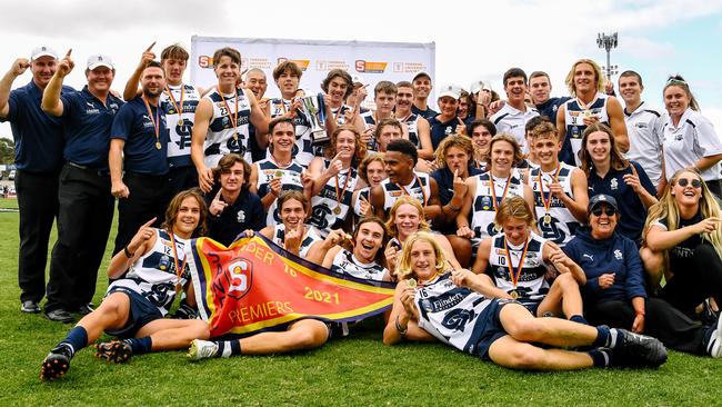 South Adelaide celebrates winning the SANFL under-16 Torrens University Cup grand final, beating Glenelg on Sunday. The match was live streamed by The Advertiser and The Messenger. Picture: Morgan Sette