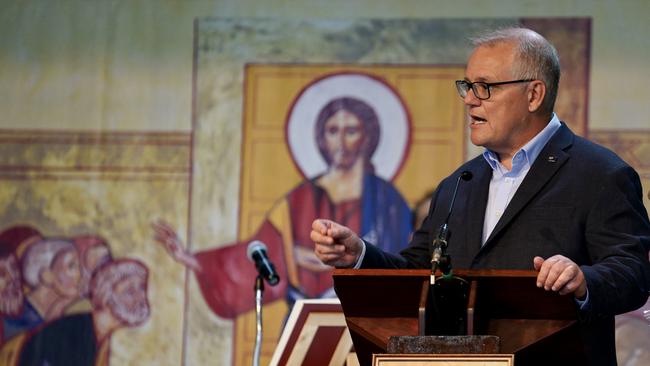 Scott Morrison attends Sunday Mass at the Lebanese Maronite Catholic Church in Westbourne Park, South Australia, on Sunday. Picture: Adam Taylor