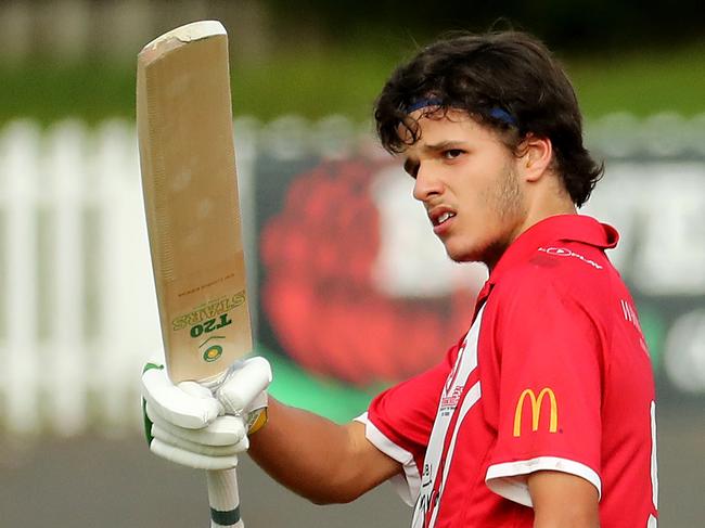 SYDNEY, AUSTRALIA - JANUARY 23: Sam Konstas of St George celebrates his century during the quarter final Green Shield match between St George DCC and Penrith DCC at Hurstville Oval in Sydney on Sunday, January 23, 2022 (Photo by Jeremy Ng / Newscorp Australia)