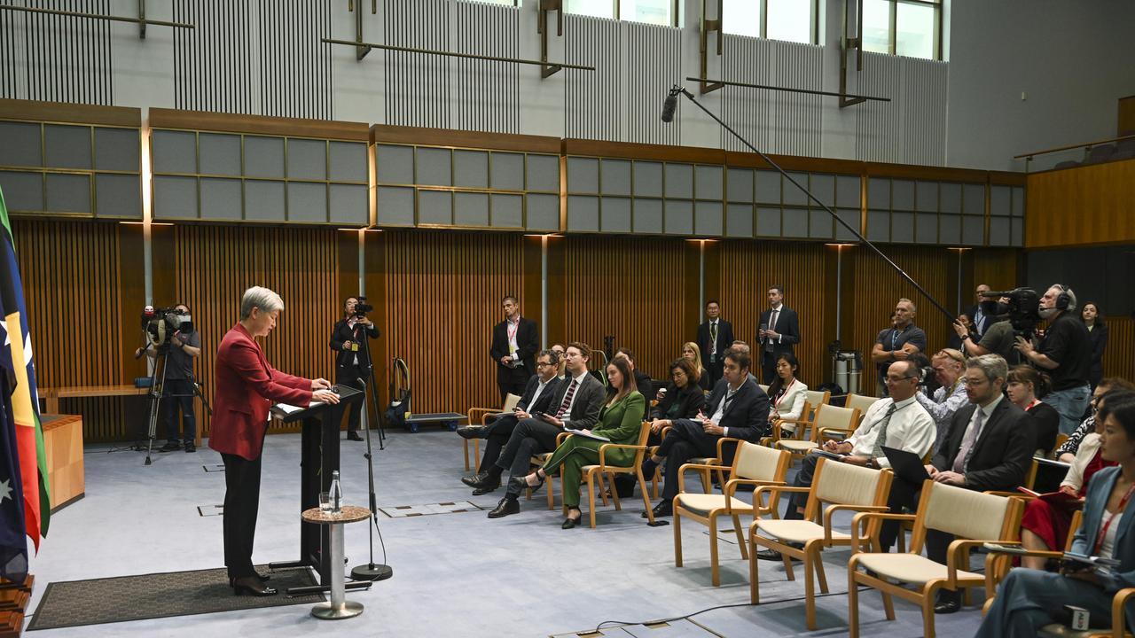 Foreign Affairs Minister Penny Wong held a solo press conference after the meeting with Mr Wang. Picture: NCA NewsWire / Martin Ollman