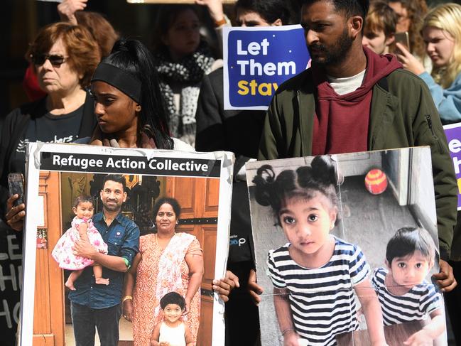 Demonstrators rally in support of the Biloela Tamil family at the Federal Court in Melbourne in September. Picture: AAP