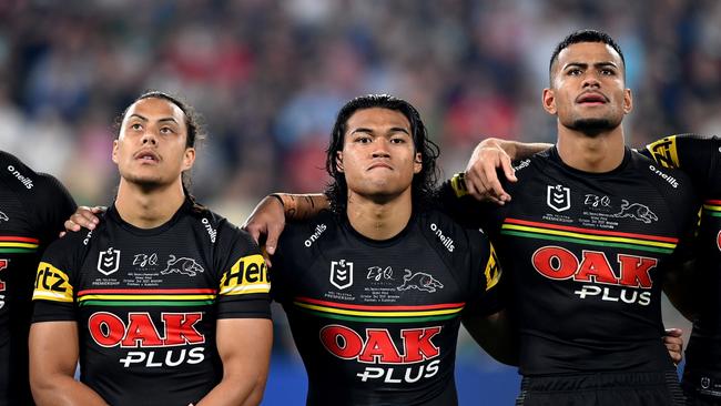 Jarome Luai (L) has revealed the influence Phil Gould had on the Panthers’ title win. Picture: Getty