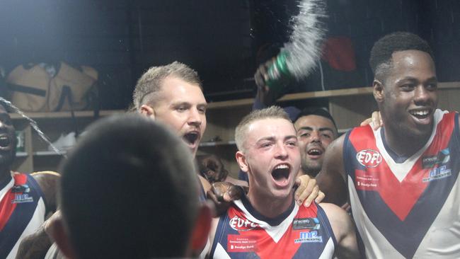 St Albans players celebrate their first win in the EDFL. Photo: Facebook.