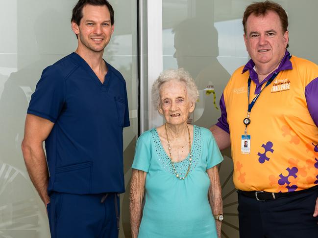 Generous Donor Joyce Swinton with Director of Cardiology Greg Starmer and FNQ Hospital Foundation CEO Tony Williamson. Picture Emily Barker.