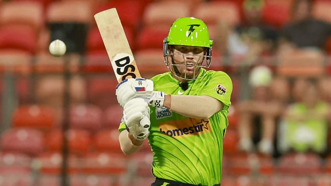 SYDNEY, AUSTRALIA - JANUARY 27: David Warner of the Thunder bats during the Men's Big Bash League match between the Sydney Thunder and the Brisbane Heat at Sydney Showground Stadium, on January 27, 2023, in Sydney, Australia. (Photo by Mark Evans - CA/Cricket Australia via Getty Images)