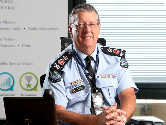 Ian Stewart, the soon-to-be retired Queensland Police Commissioner, posing in his office in Novembe 2017. AAP Image/Steve Pohlner