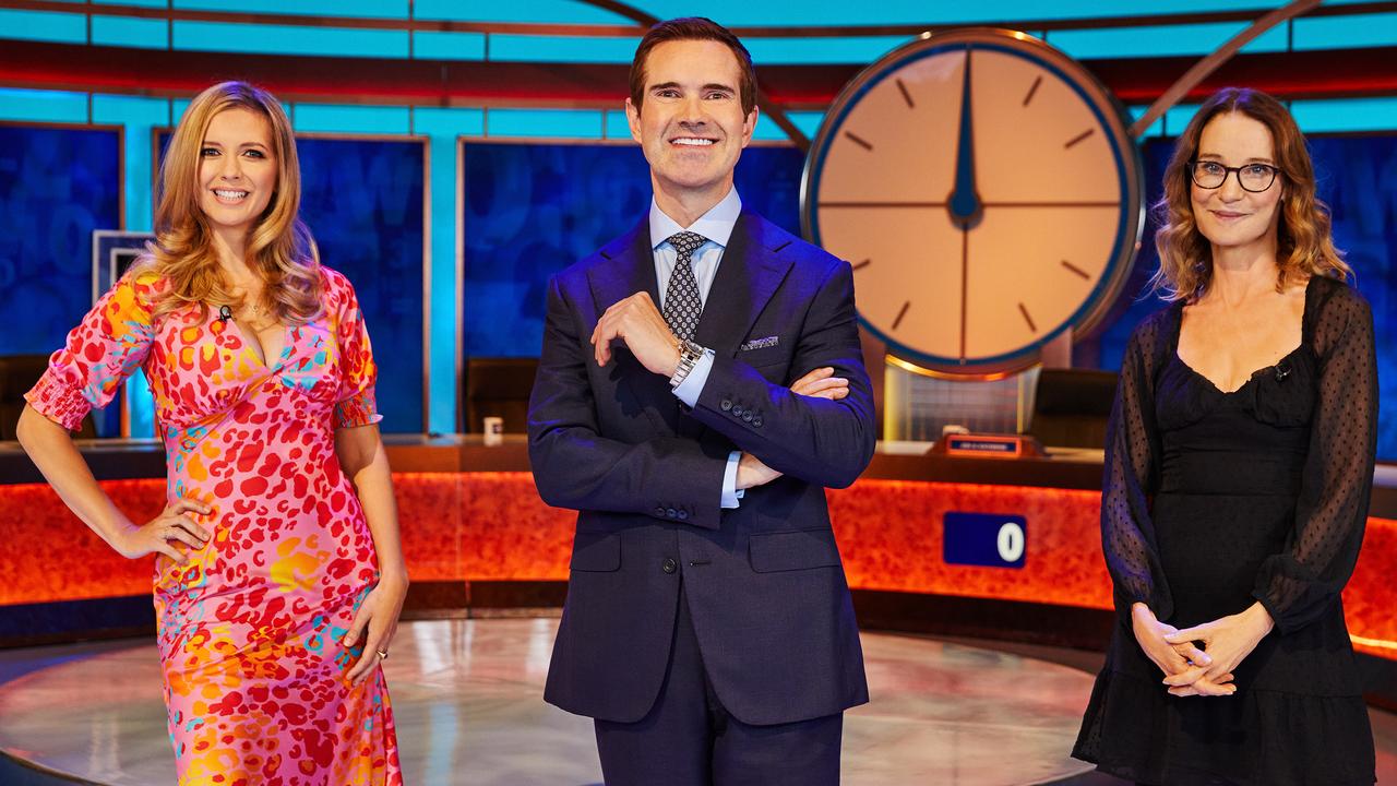 Comedian Jimmy Carr does an admirable job of wrangling his guests on a very funny (and rather rude) mash-up of two popular British shows. Picture: SBS